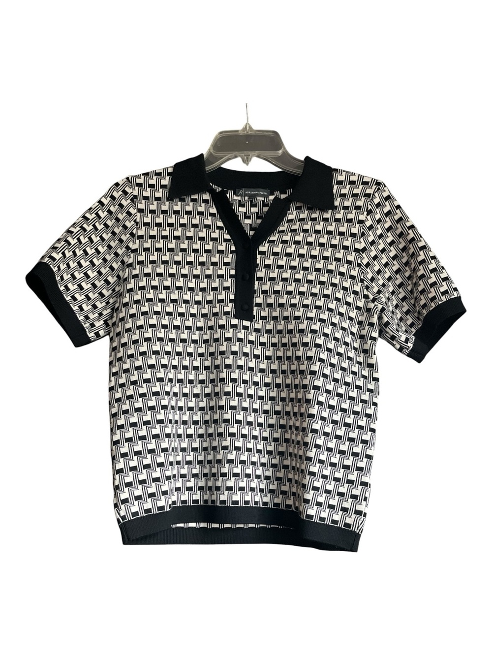 Adrianna Papell Geometric Knit Polo Top Black White Size M